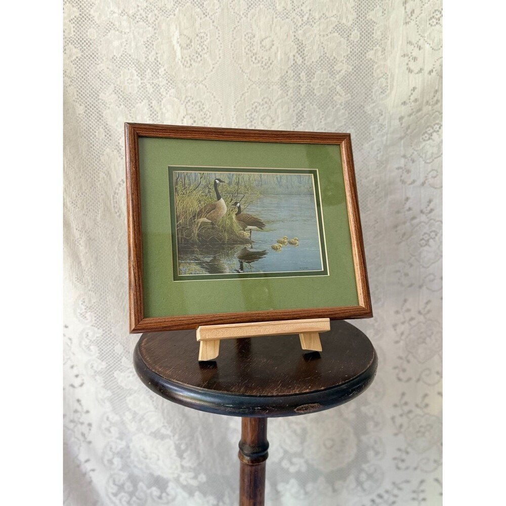 Vintage Framed Canada Goose Family Wildlife Print Wood Frame Lake Cabin Decor